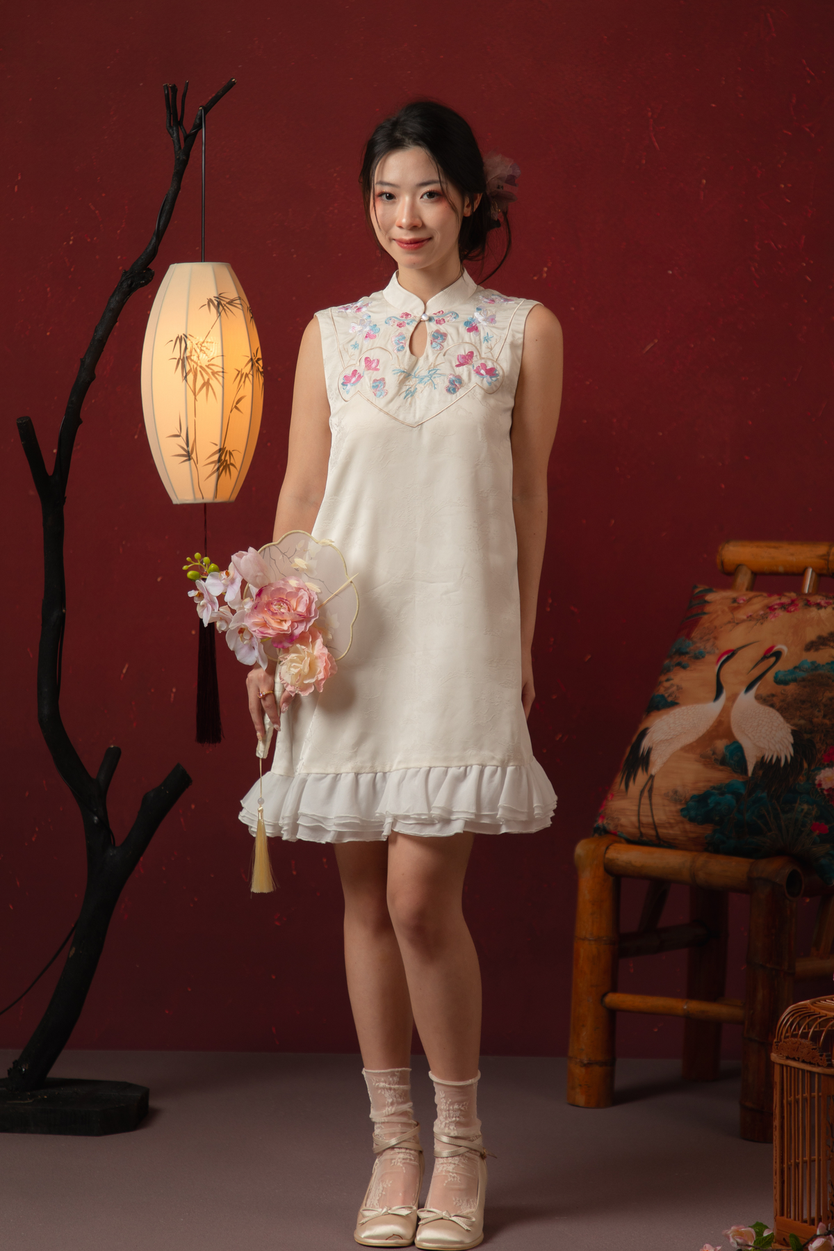 Butterfly Bloom Ruffle Cheongsam Dress in White