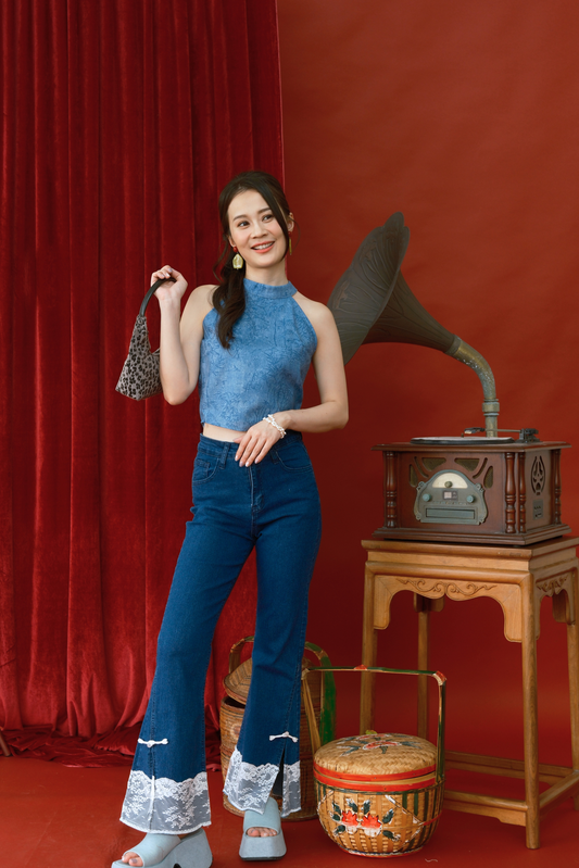 Azure Crane Halter Brocade Top