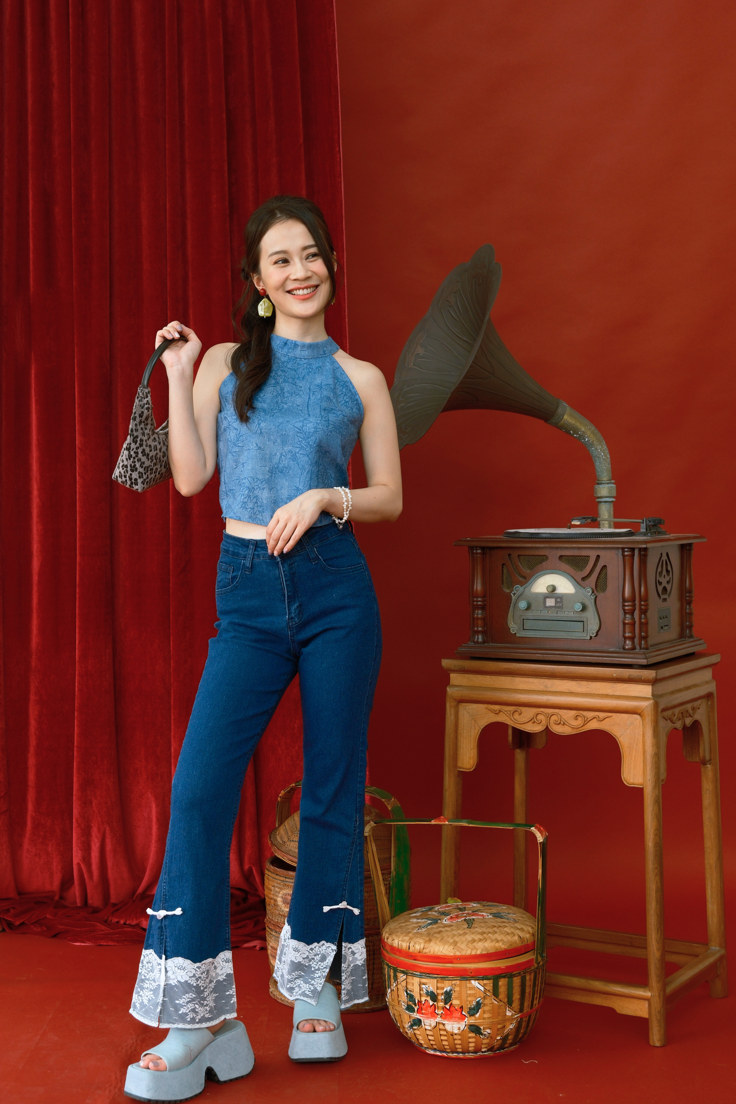 Azure Crane Halter Brocade Top