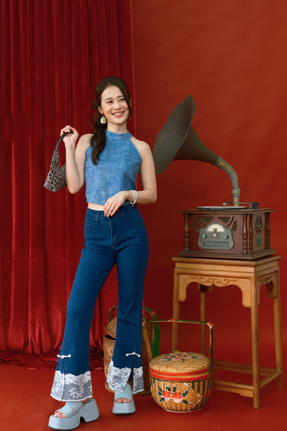 Azure Crane Halter Brocade Top