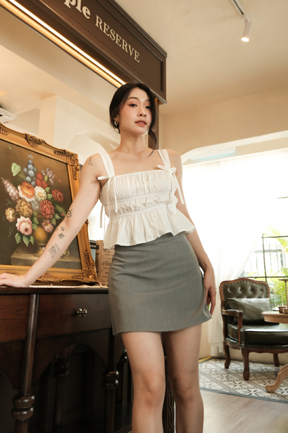 Amélie Ruched Bow Strap Top in White