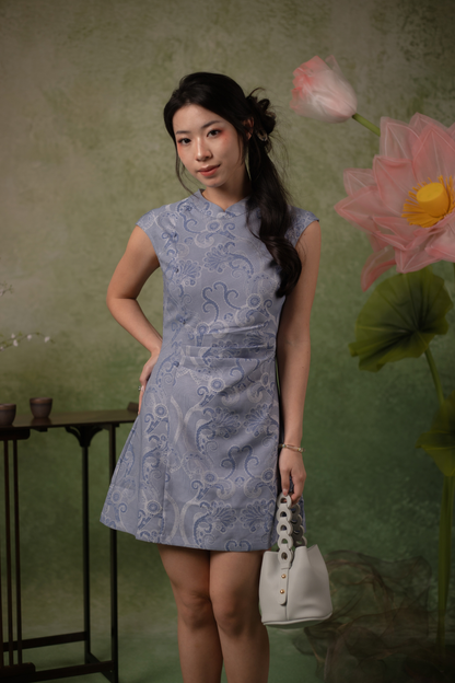 Céleste Chinoiserie Cheongsam Dress in Blue
