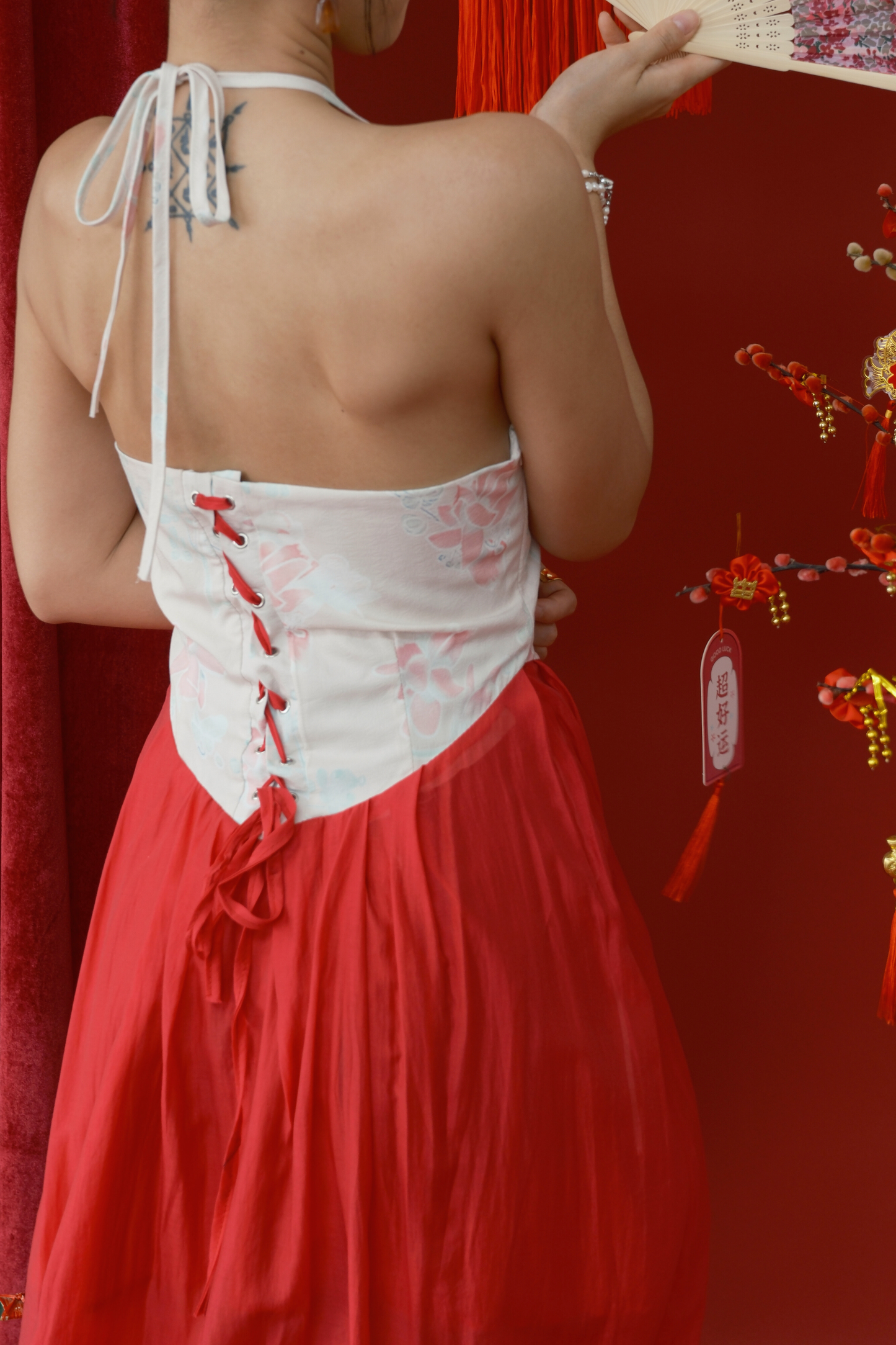 Camellia Veil Halter Cheongsam Gown