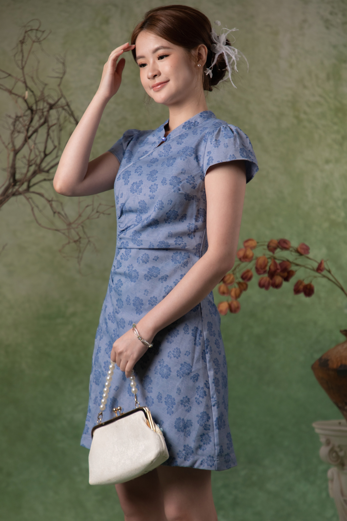 Aster Cheongsam Dress in Dusty Blue