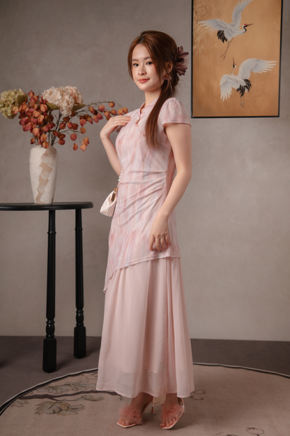 Jade Mist Layered Cheongsam Dress in Pink