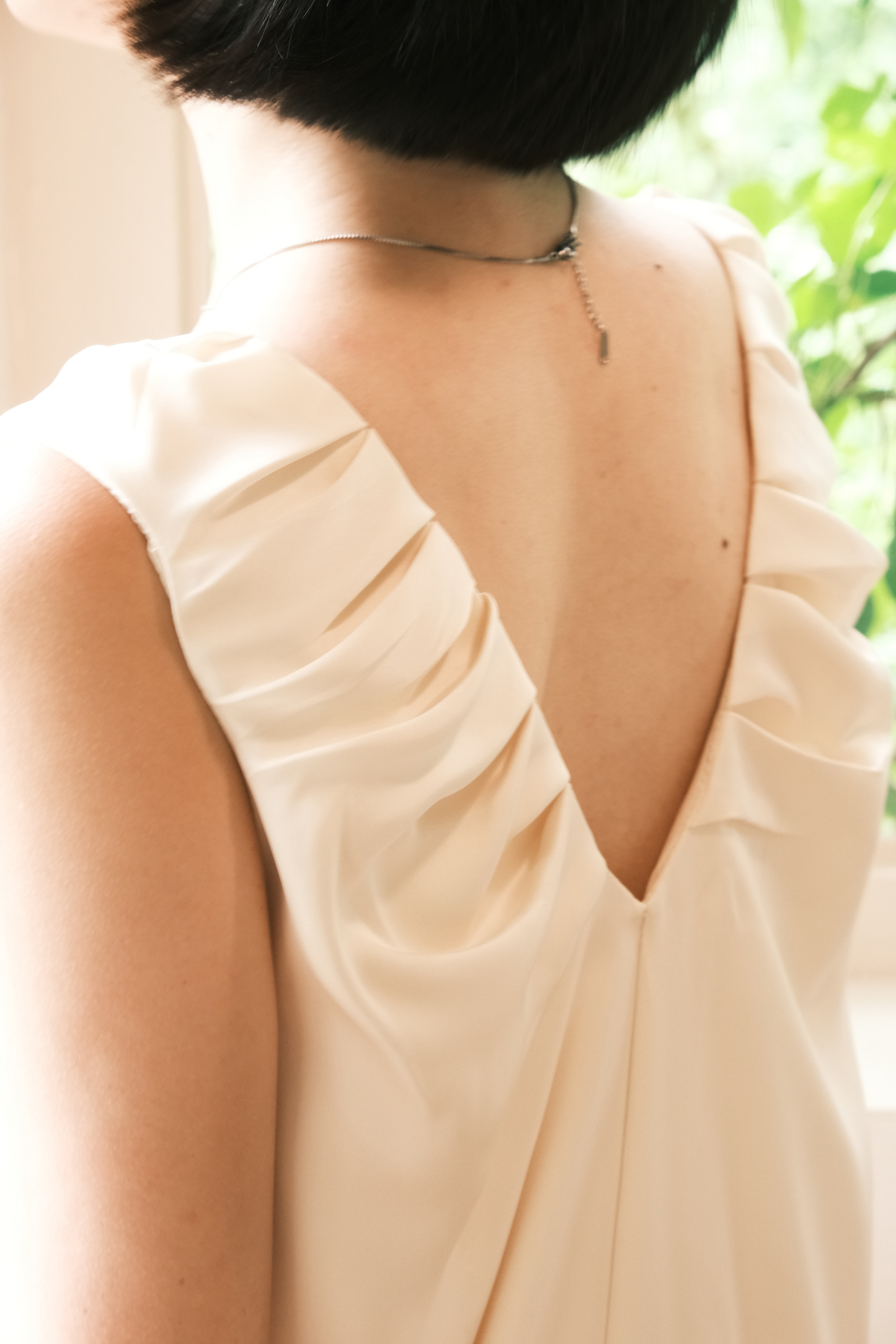 Lumière Ruched Satin Slip Dress in Beige