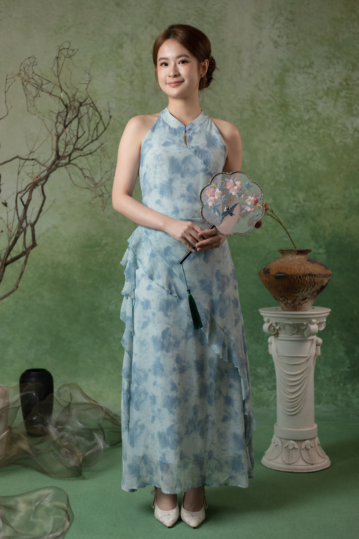 Rosalie Rêve Ruffle Cheongsam Dress in Dusty Blue
