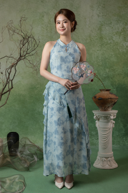 Rosalie Rêve Ruffle Cheongsam Dress in Dusty Blue