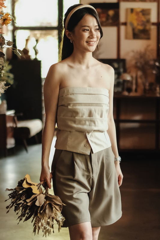 Isaline Ruched Back Tube Blouse in Beige
