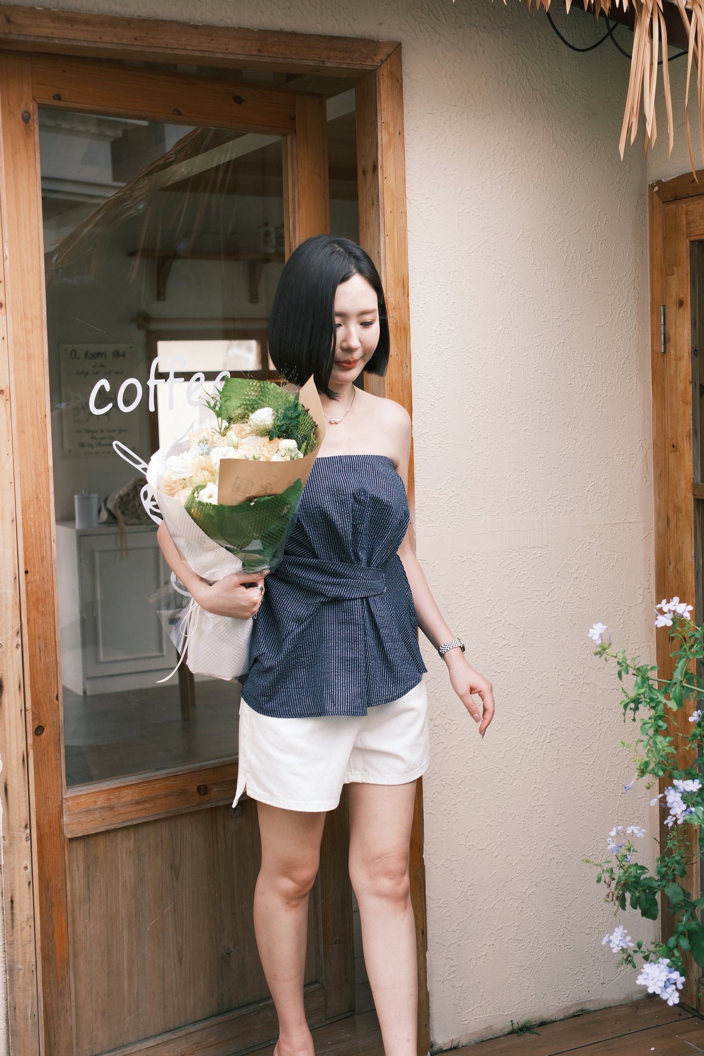 Éloise Strapless Pinstripe Peplum Top in Blue