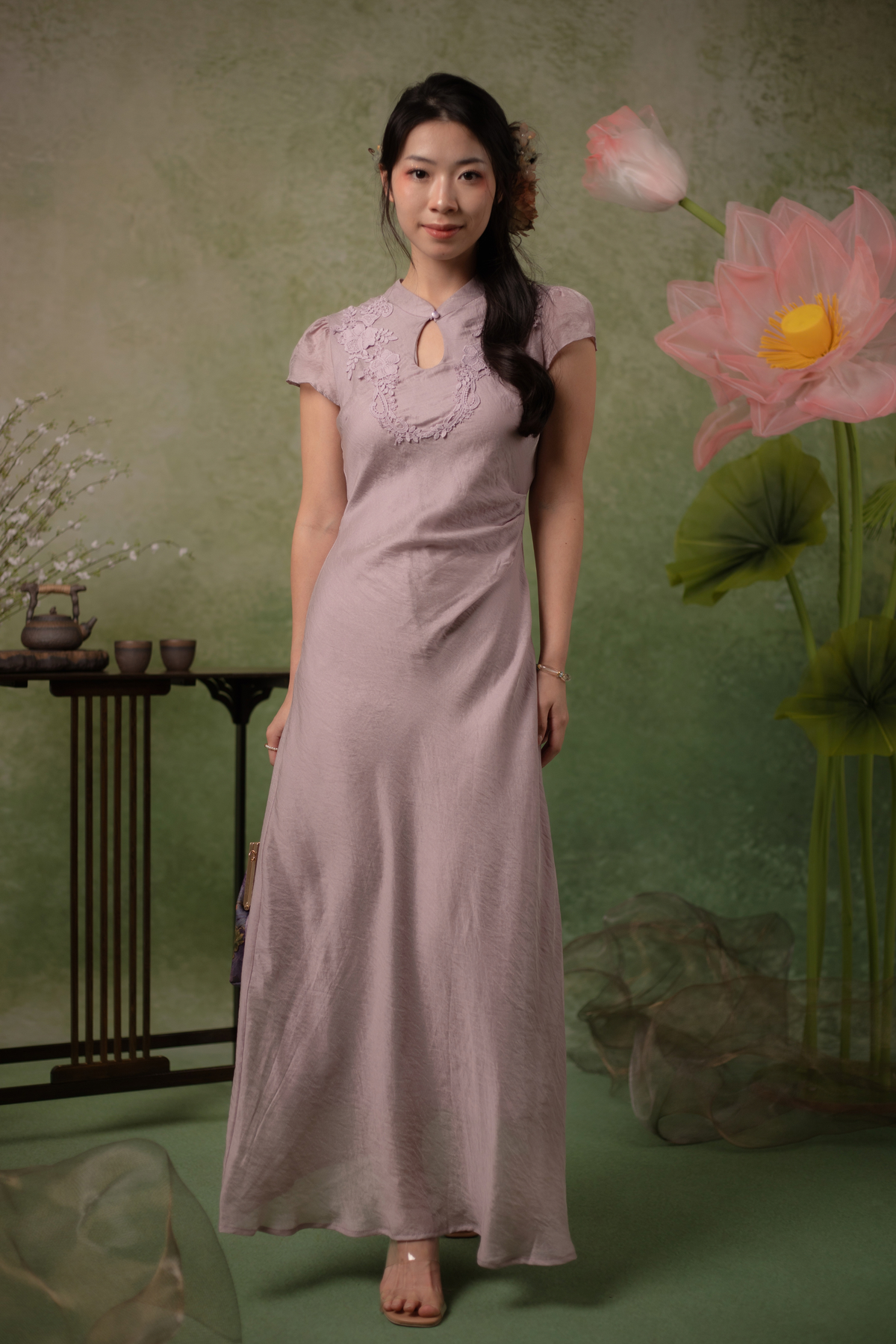 Serene Bloom Cheongsam Dress in Dusty Mauve