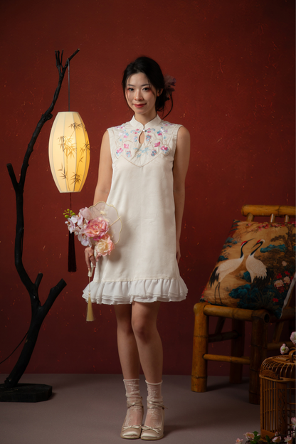 Butterfly Bloom Ruffle Cheongsam Dress in White