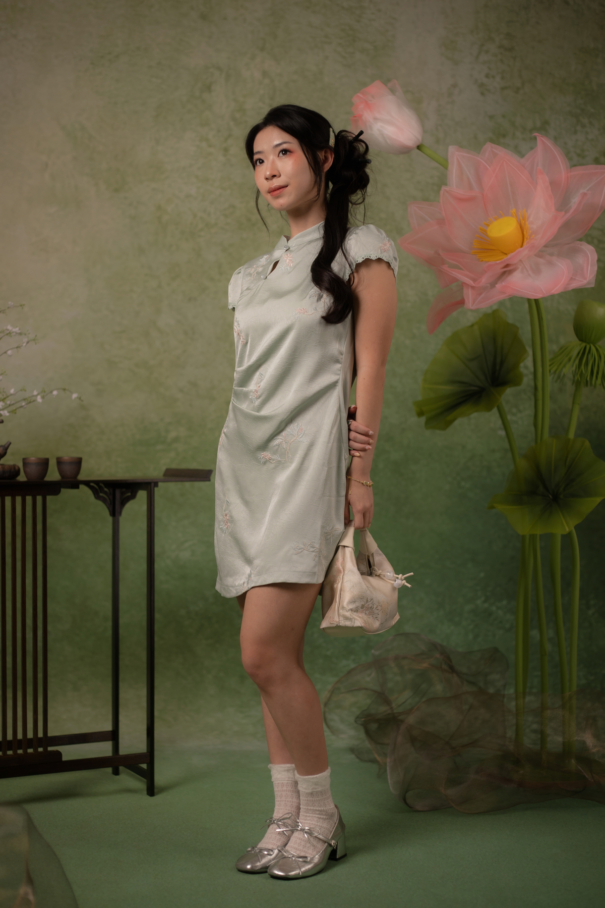 Jasmine Blossom Cheongsam Dress in Sage