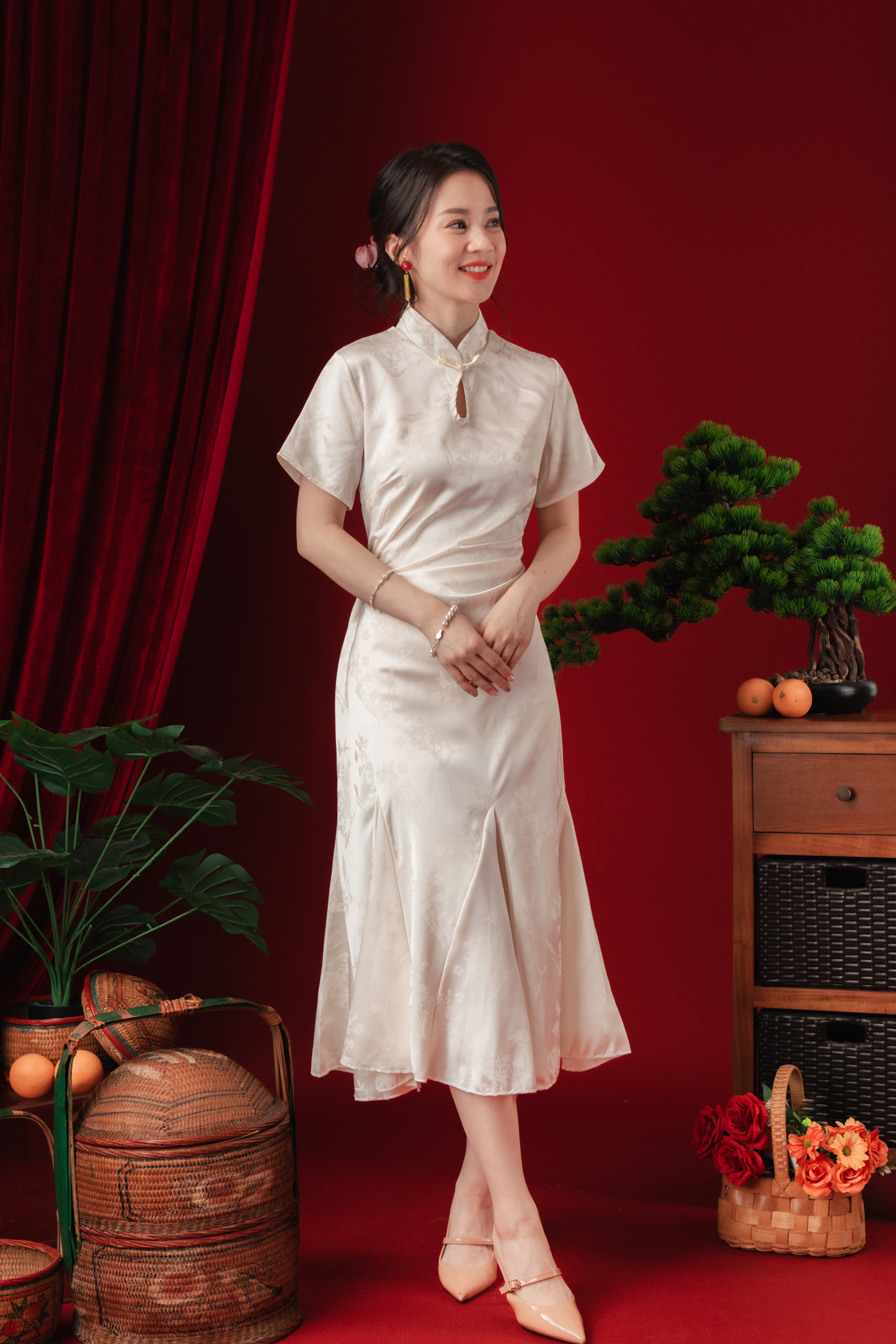 Celeste Pearl-Satin Flare Cheongsam Dress (In-Stock)