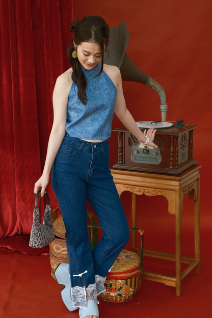 Azure Crane Halter Brocade Top