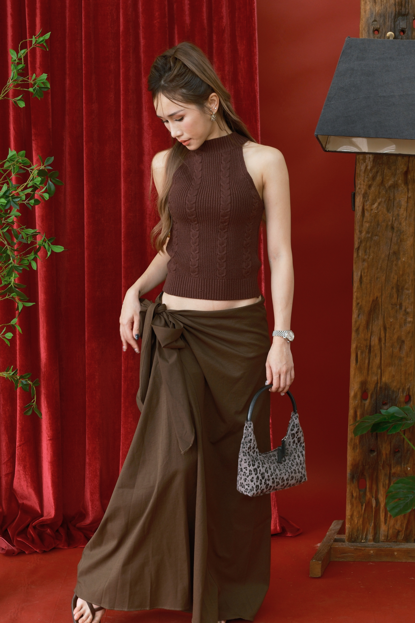 Chic Knitted Vest and Wrap Skirt Set in Coffee