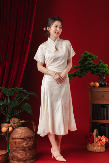Celeste Pearl-Satin Flare Cheongsam Dress (In-Stock)