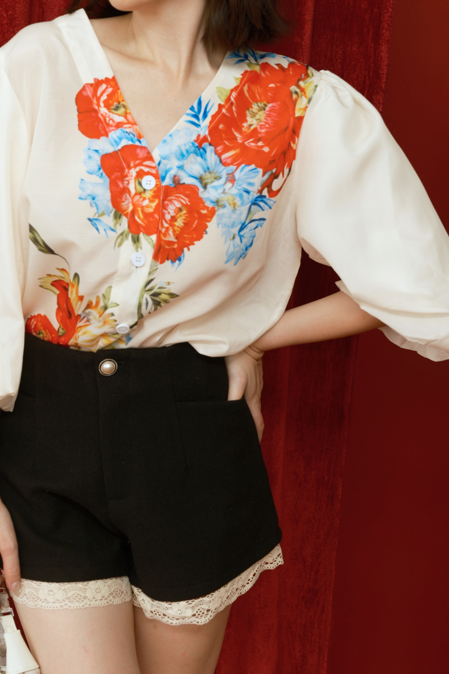 Lace Trim High-Waisted Shorts in Black