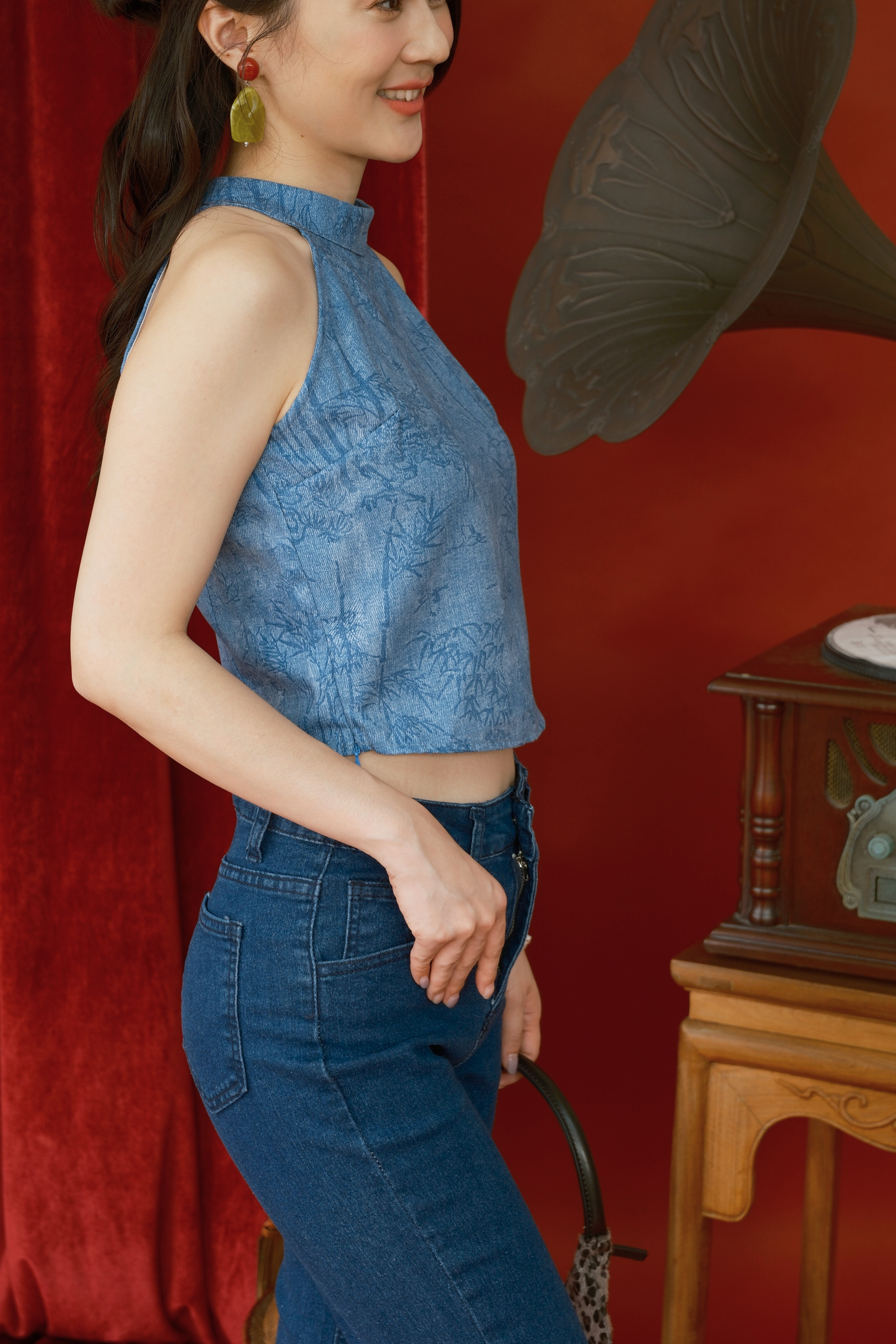 Azure Crane Halter Brocade Top