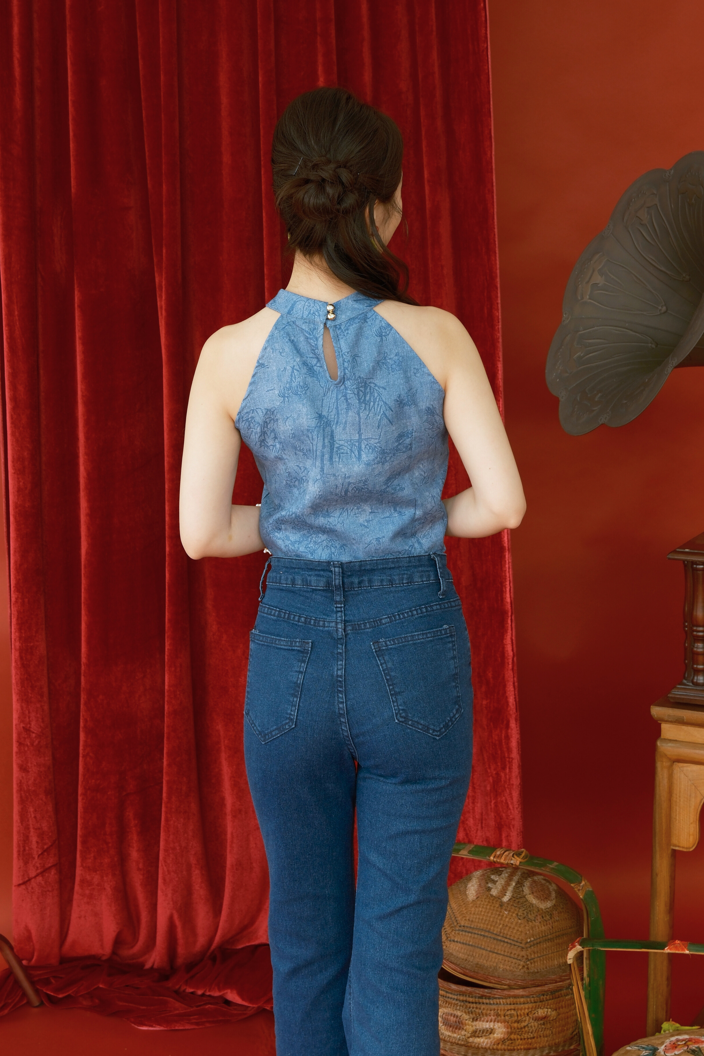 Azure Crane Halter Brocade Top