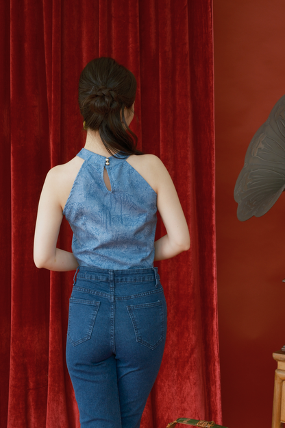 Azure Crane Halter Brocade Top