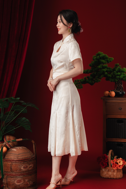 Celeste Pearl-Satin Flare Cheongsam Dress (In-Stock)