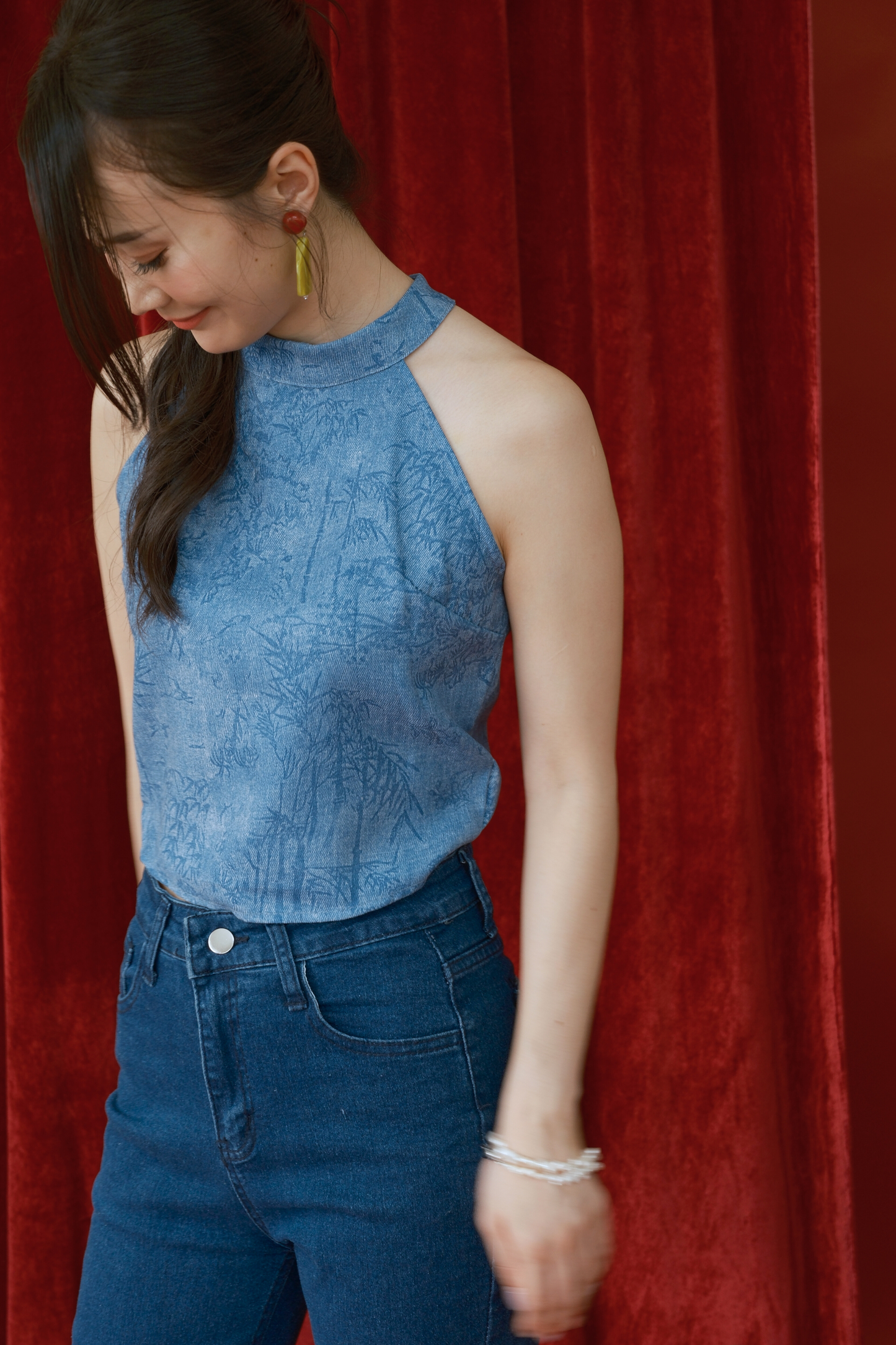 Azure Crane Halter Brocade Top