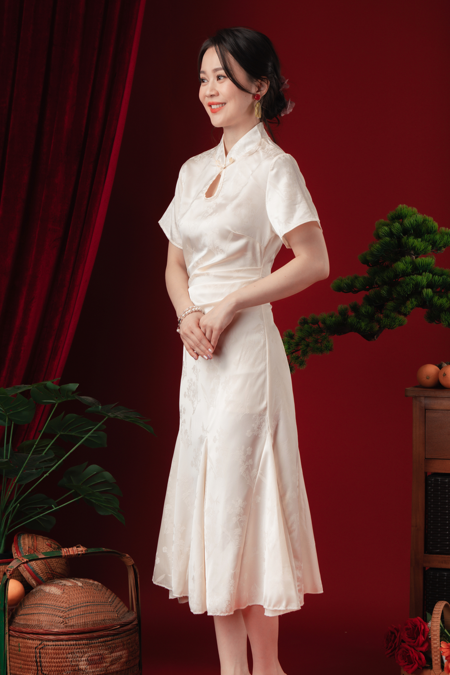 Celeste Pearl-Satin Flare Cheongsam Dress (In-Stock)