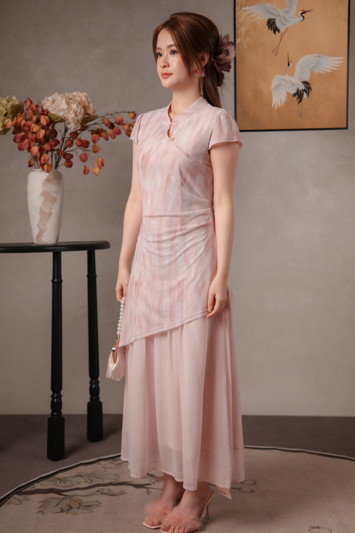 Jade Mist Layered Cheongsam Dress in Pink