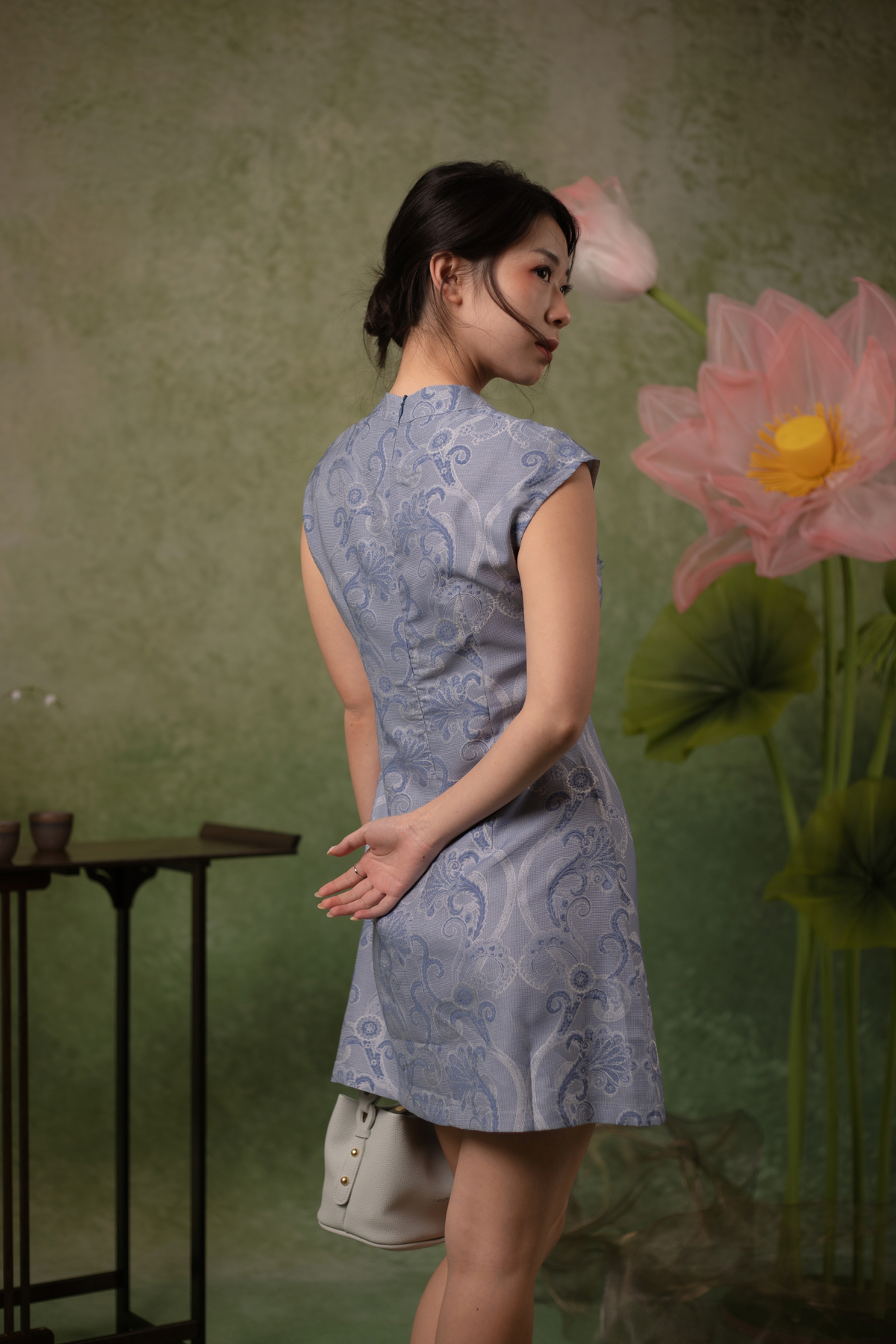 Céleste Chinoiserie Cheongsam Dress in Blue