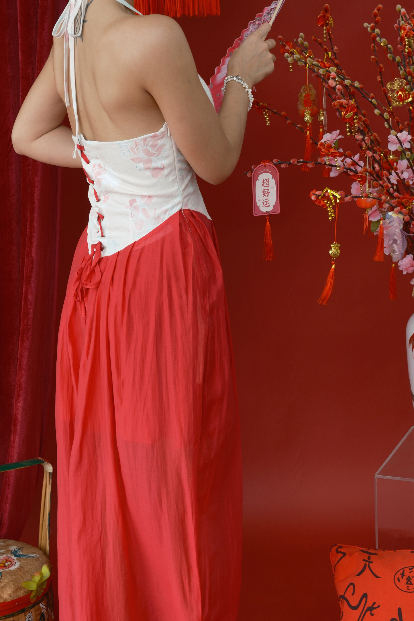 Camellia Veil Halter Cheongsam Gown