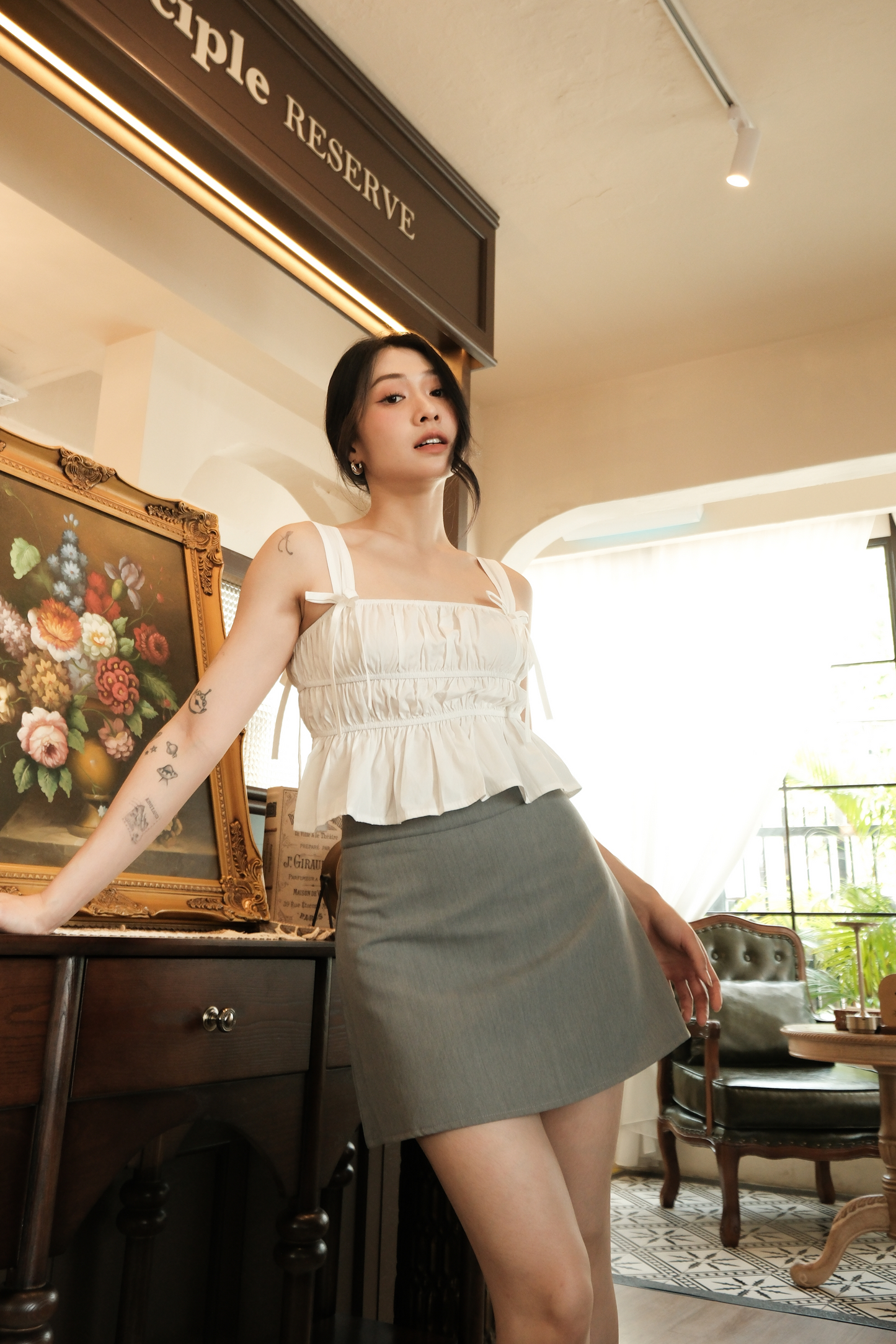 Amélie Ruched Bow Strap Top in White