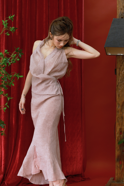 Silva Satin Drape Maxi Top in Pink