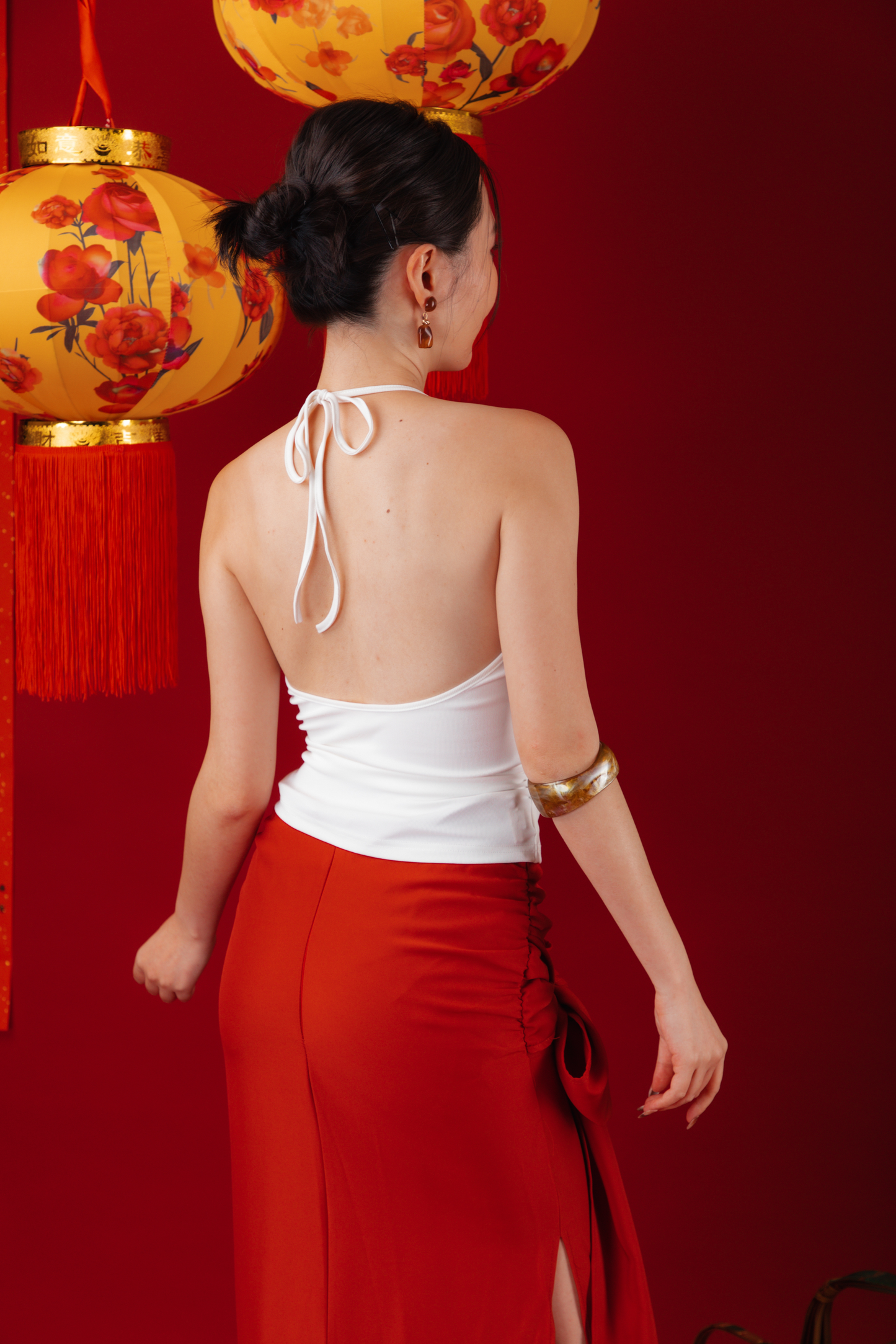 Lilia Floral Drape Halter Top/Red Draped Slit Skirt