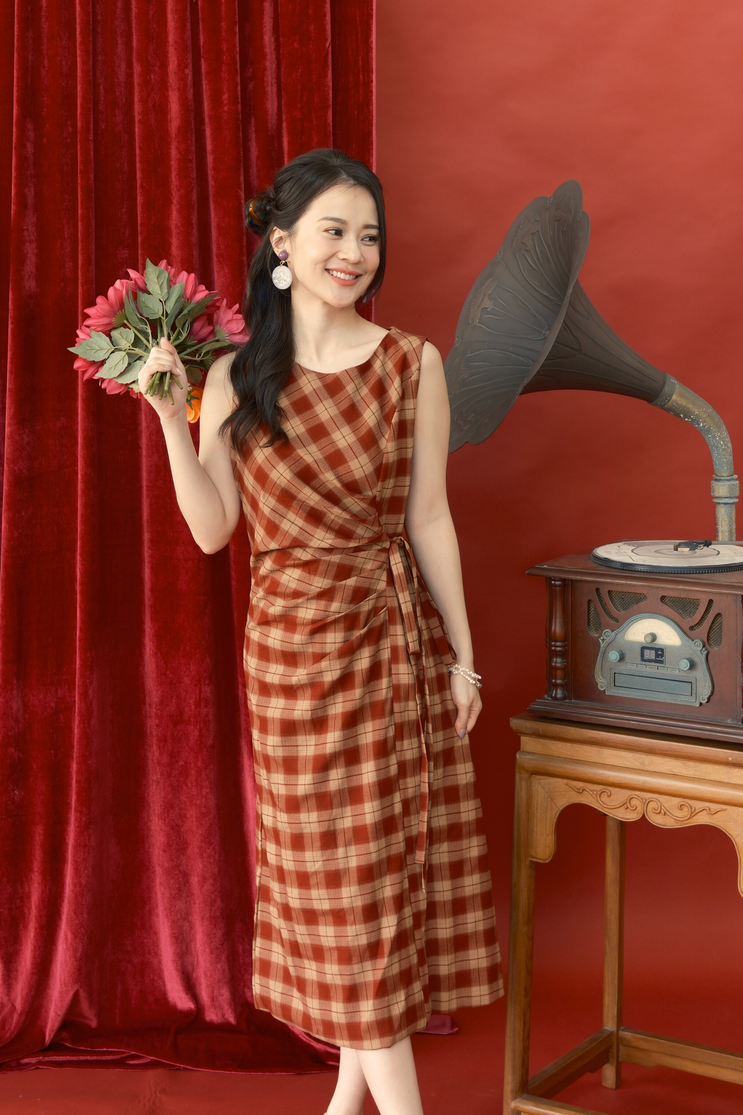 Roselle Plaid Wrap Midi Dress (In-Stock)