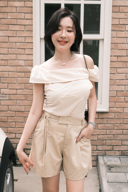 Amelie Pinstripe Tie-Waist Shorts in Beige