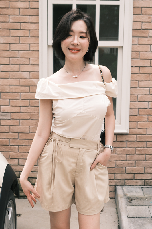 Amelie Pinstripe Tie-Waist Shorts in Beige