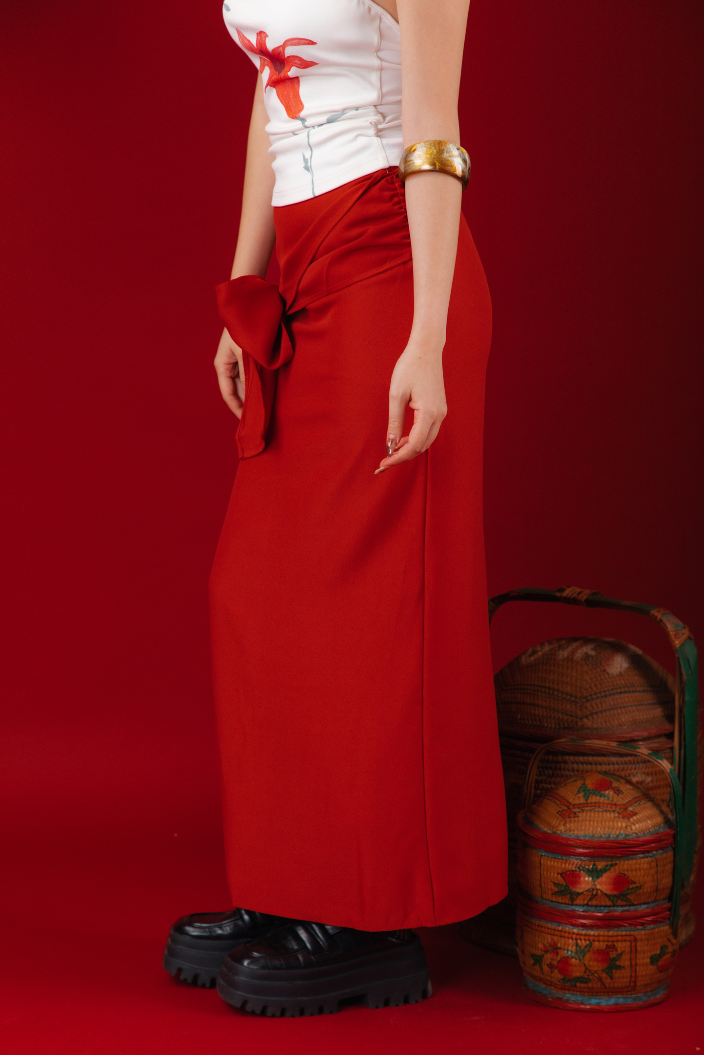 Lilia Floral Drape Halter Top/Red Draped Slit Skirt