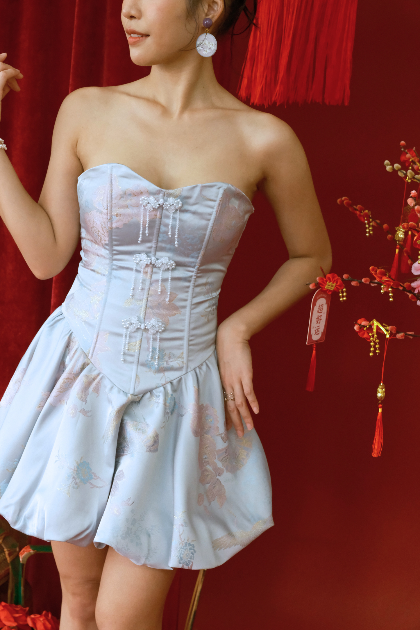 Serene Blossom Brocade Corset Dress in Blue