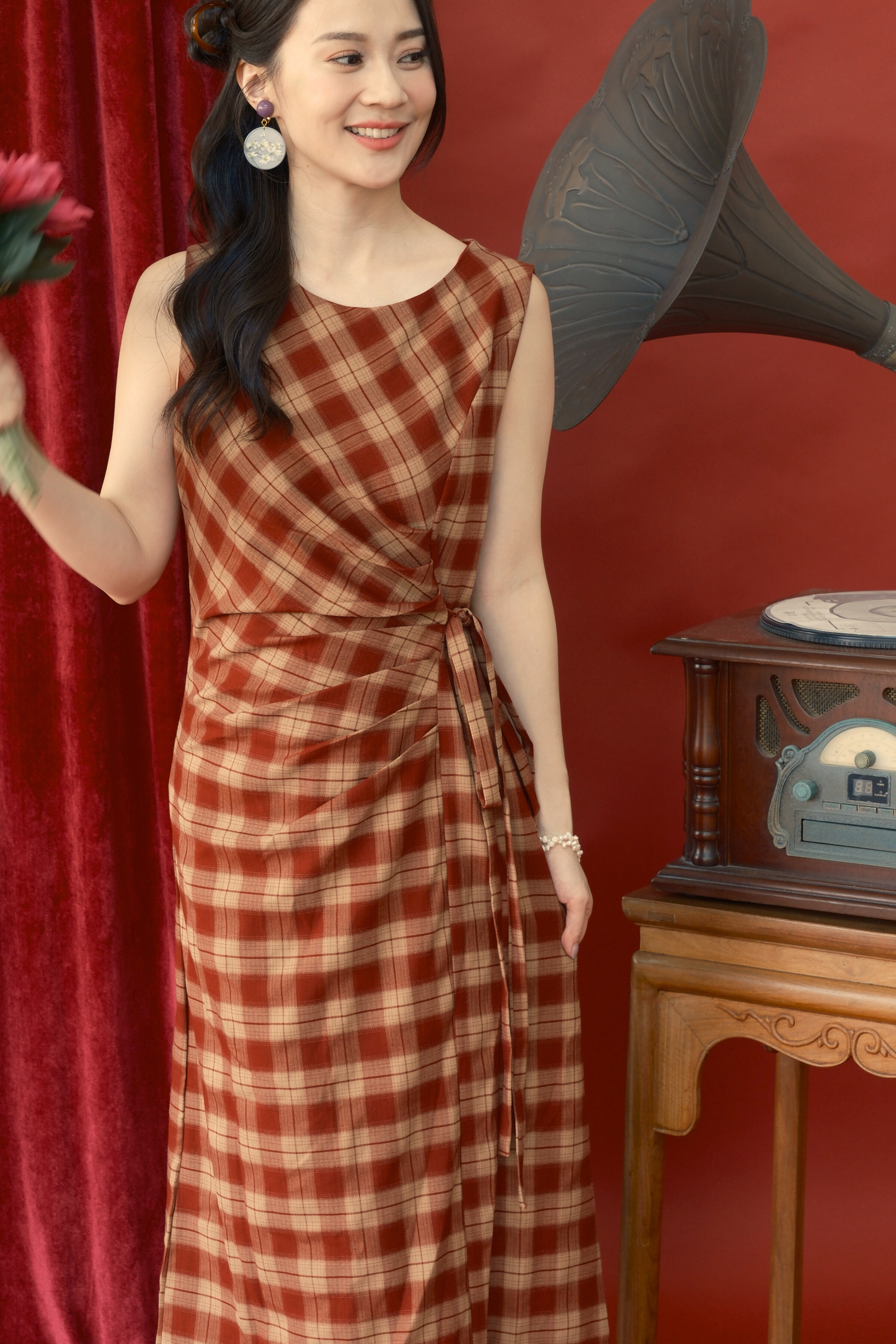 Roselle Plaid Wrap Midi Dress (In-Stock)