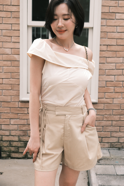 Amelie Pinstripe Tie-Waist Shorts in Beige