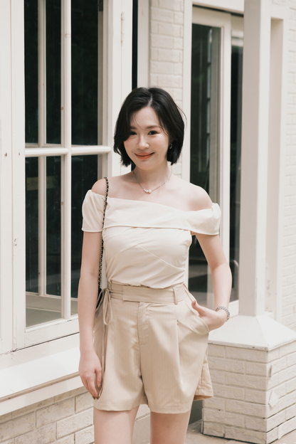 Amelie Pinstripe Tie-Waist Shorts in Beige