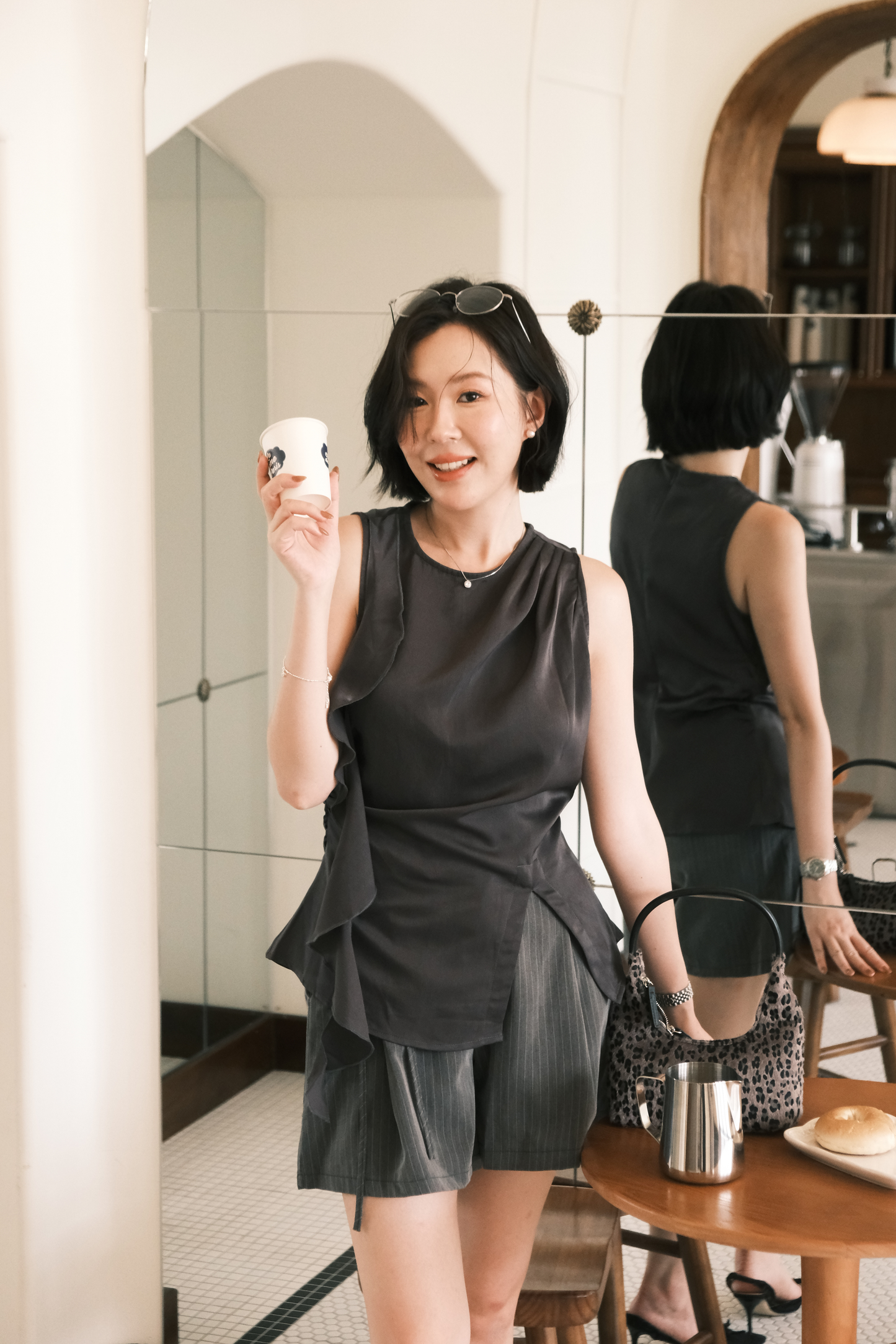 Amelie Pinstripe Tie-Waist Shorts in Grey