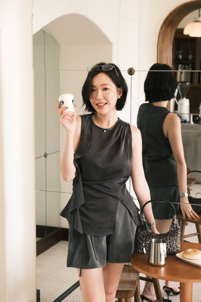 Amelie Pinstripe Tie-Waist Shorts in Grey