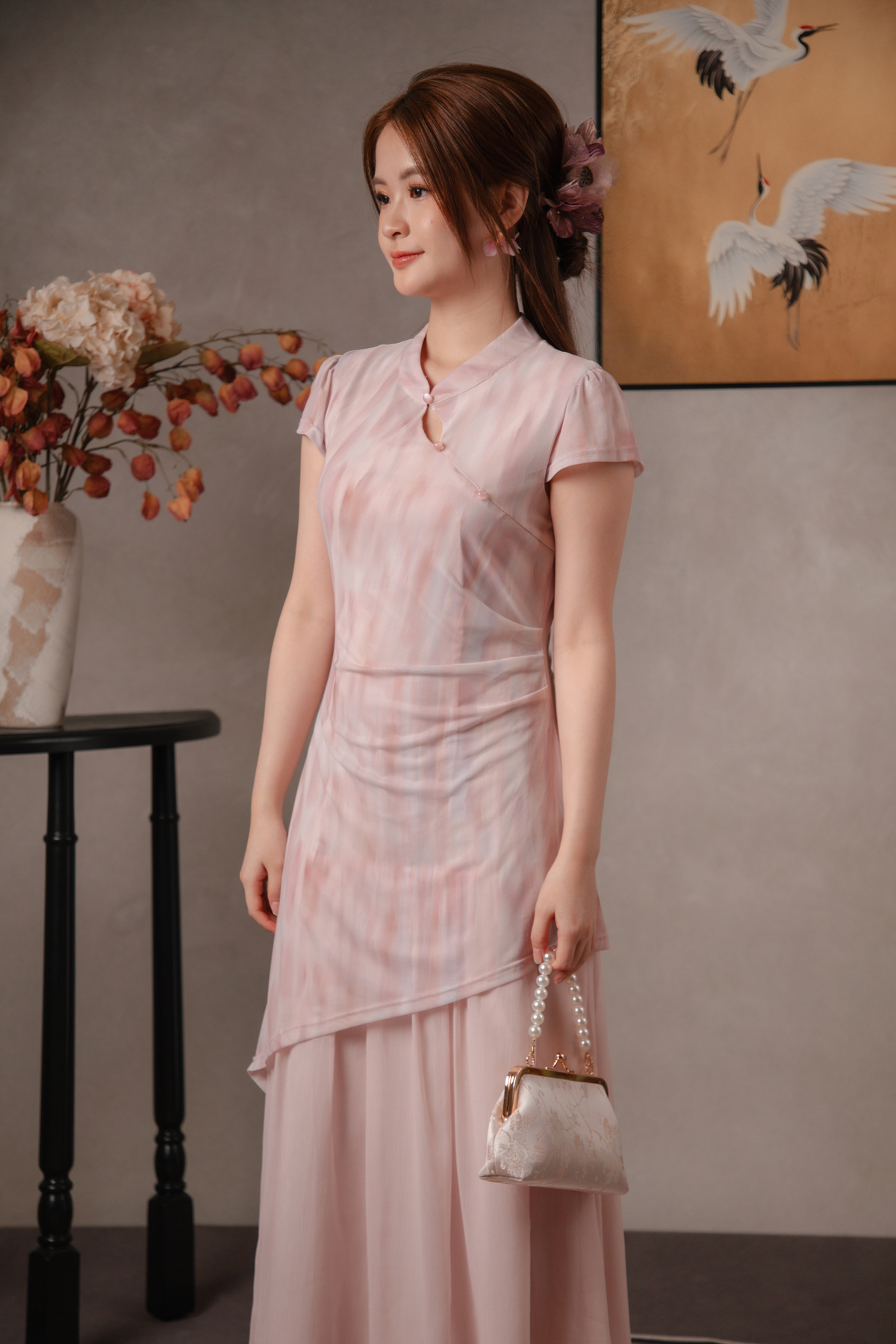 Jade Mist Layered Cheongsam Dress in Pink
