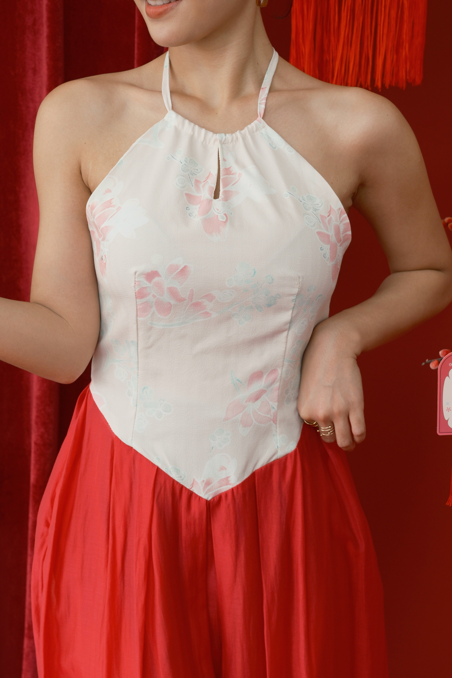 Camellia Veil Halter Cheongsam Gown