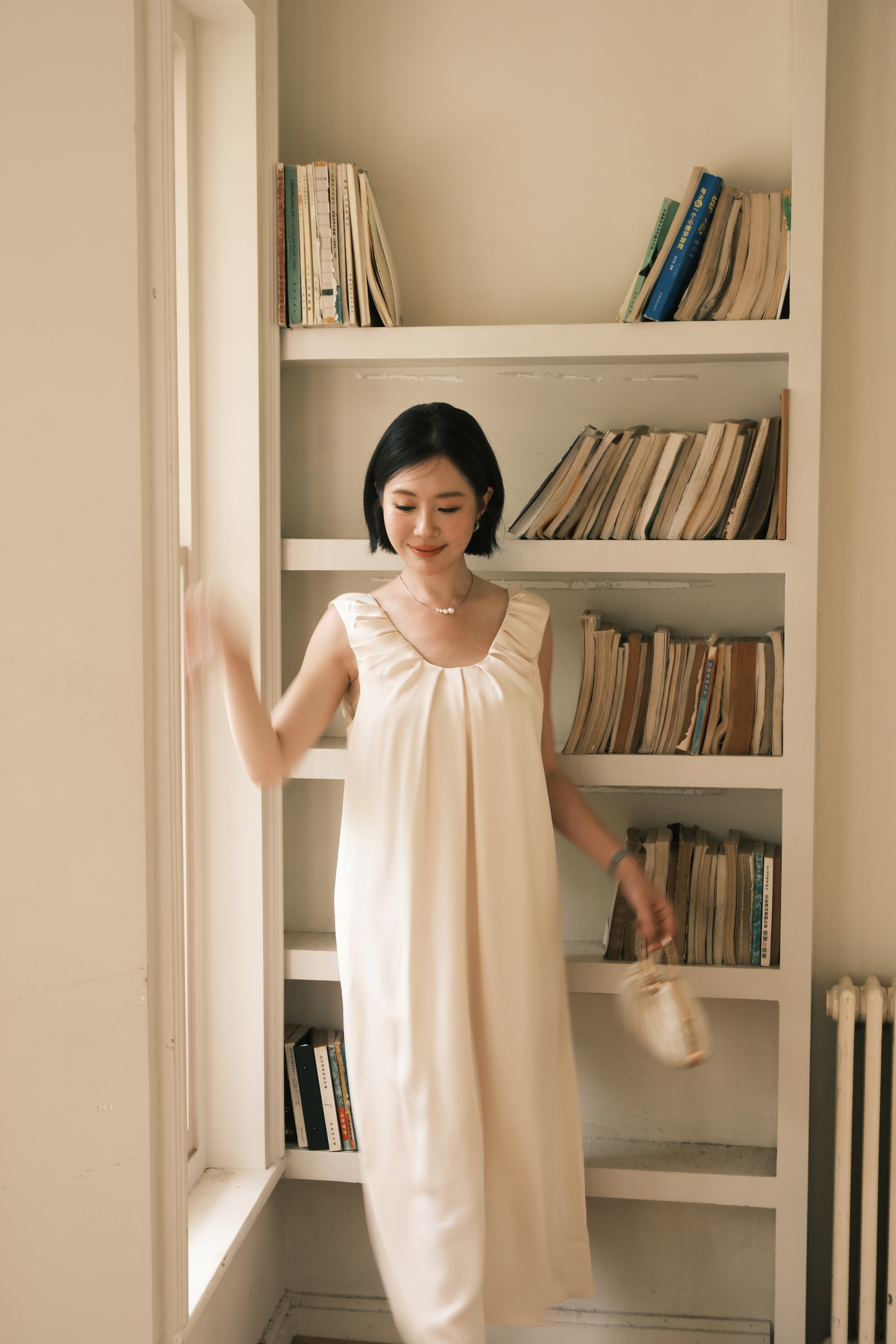 Lumière Ruched Satin Slip Dress in Beige