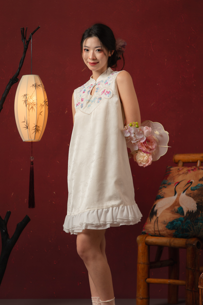 Butterfly Bloom Ruffle Cheongsam Dress in White