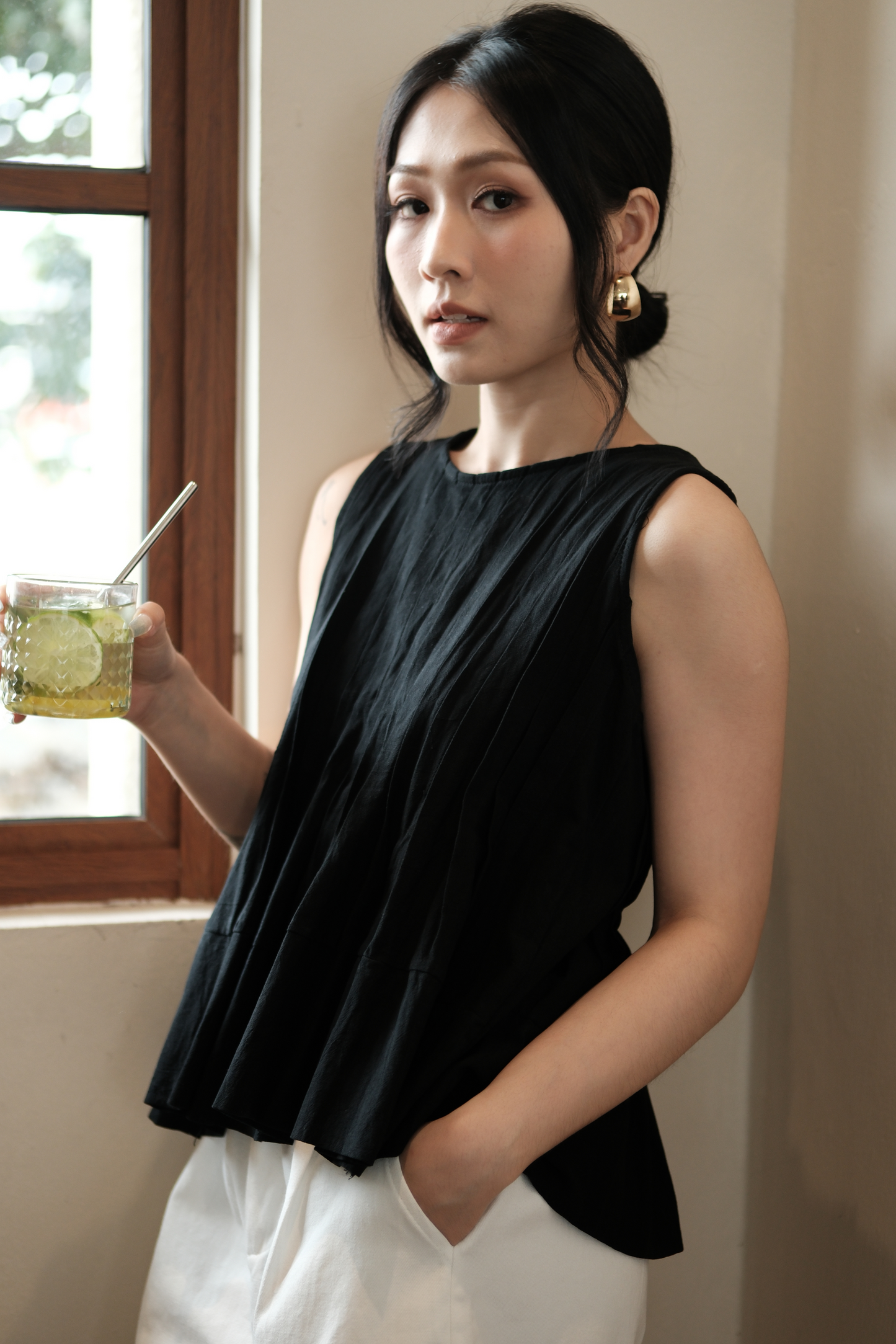 Margaux Pleated Swing Blouse in Black