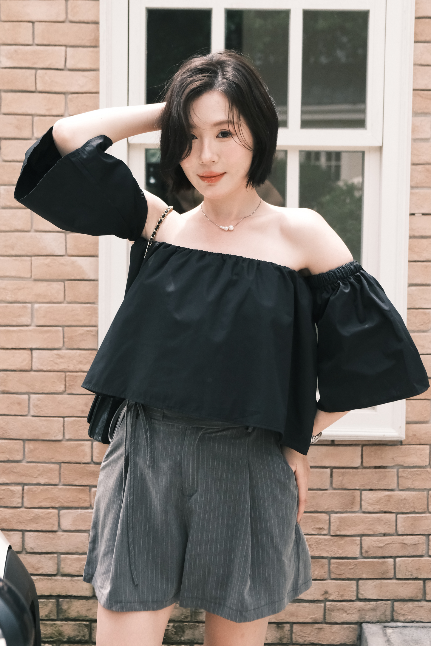 Amelie Pinstripe Tie-Waist Shorts in Grey